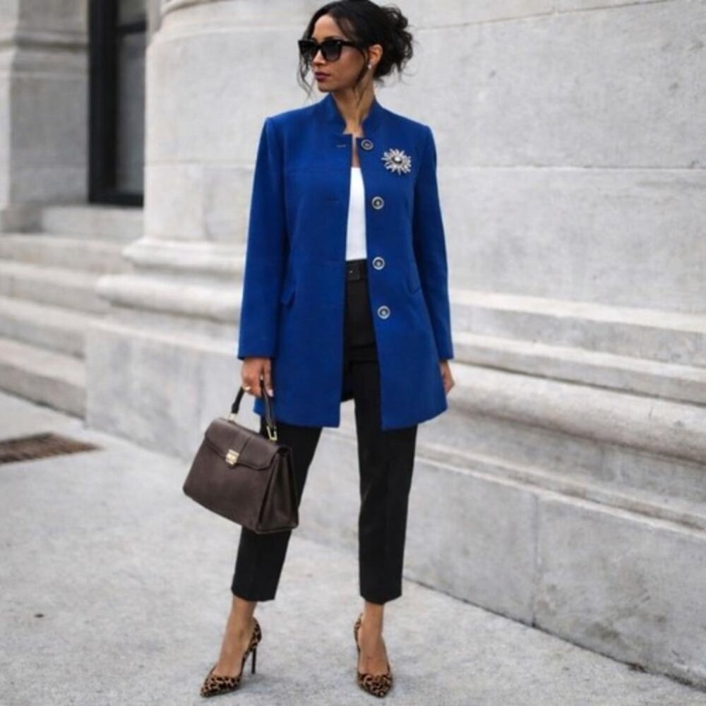 Chico's ponte walking coat Capri Blue stretch stand collar Aline longline jacket